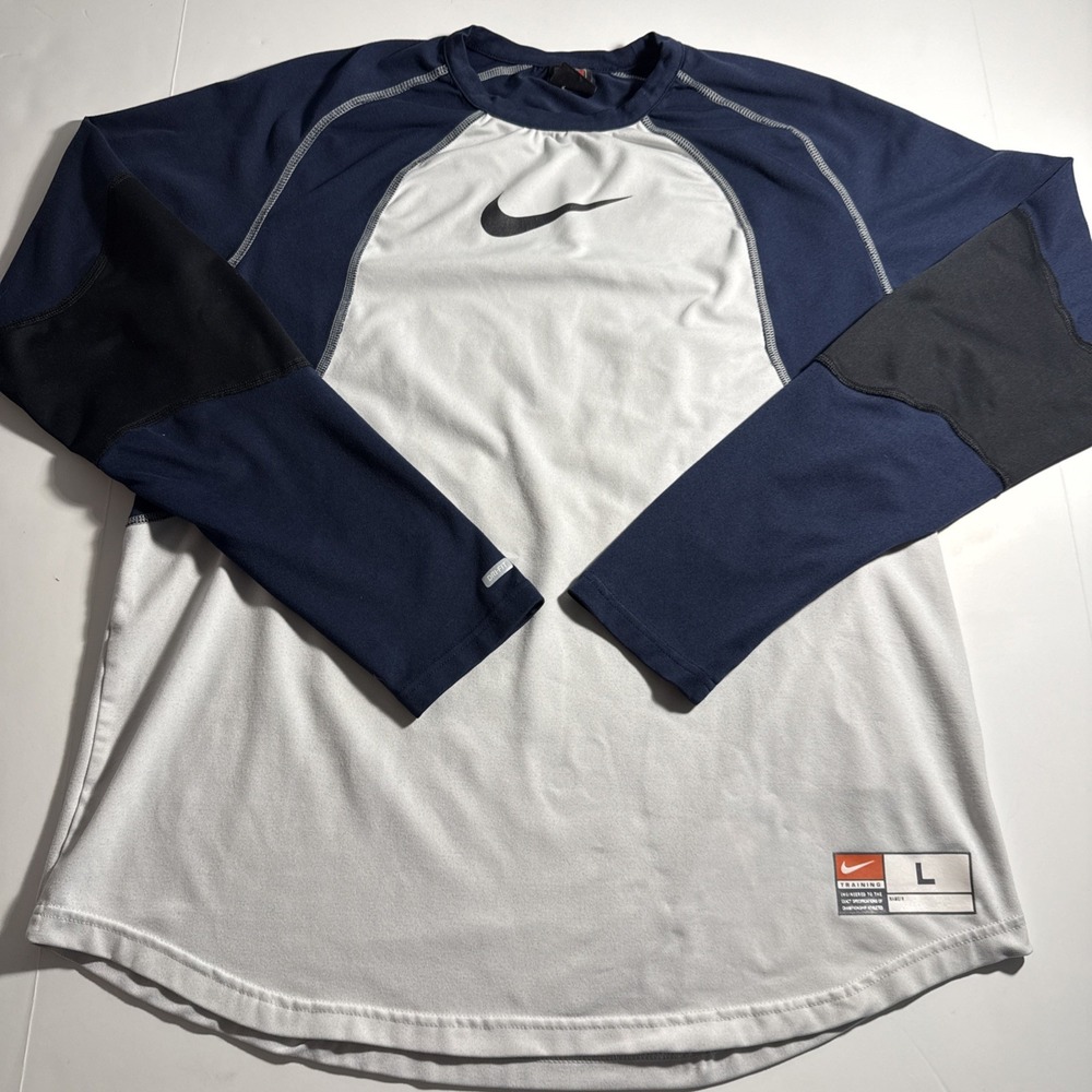 Vintage 90s Nike Fit Team Men's Sz L Center Swoosh Long Sleeve White Blue